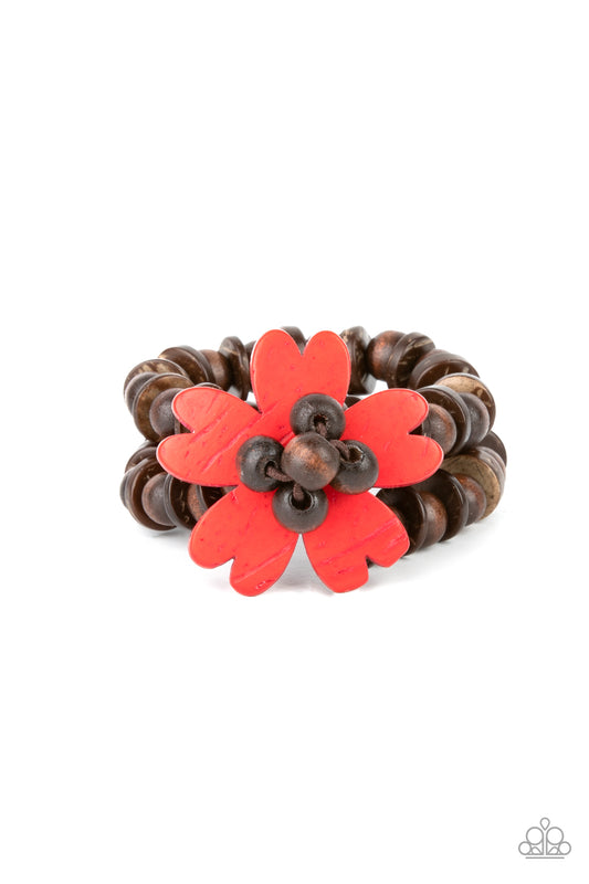 Tropical Flavor - Red Wood Flower Floral Stretchy Bracelet Paparazzi Accessories